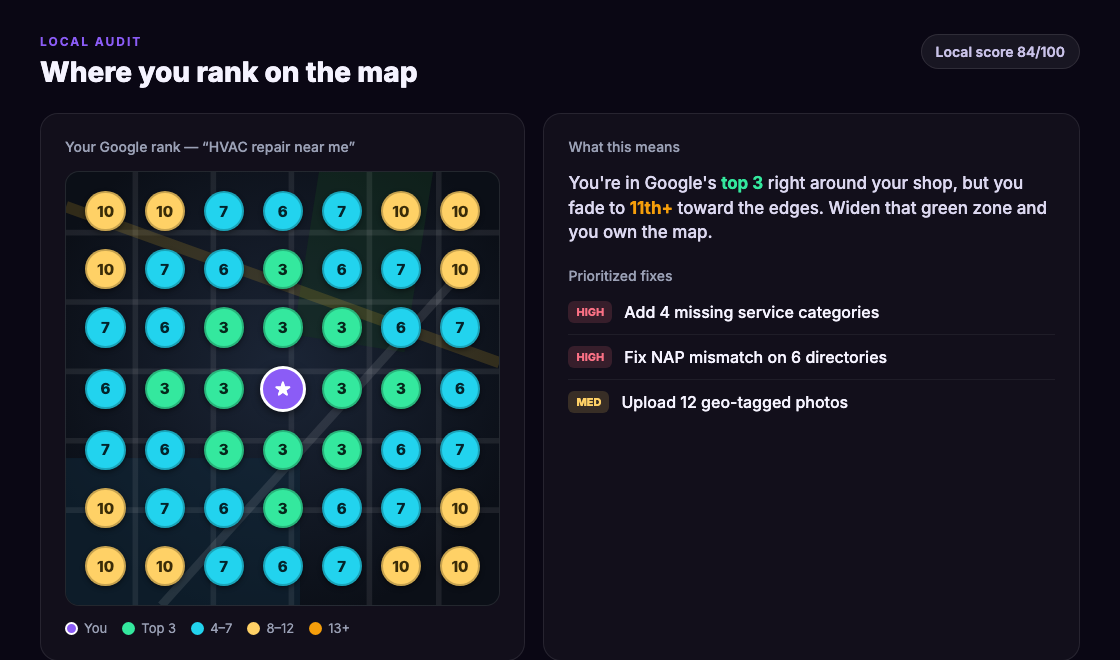 CitePin local rank map showing Google ranking across a geographic grid